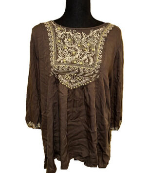 GRAY SWEET MAGNOLIA BOHO LONG SLEEVE EMBROIDERED TOP